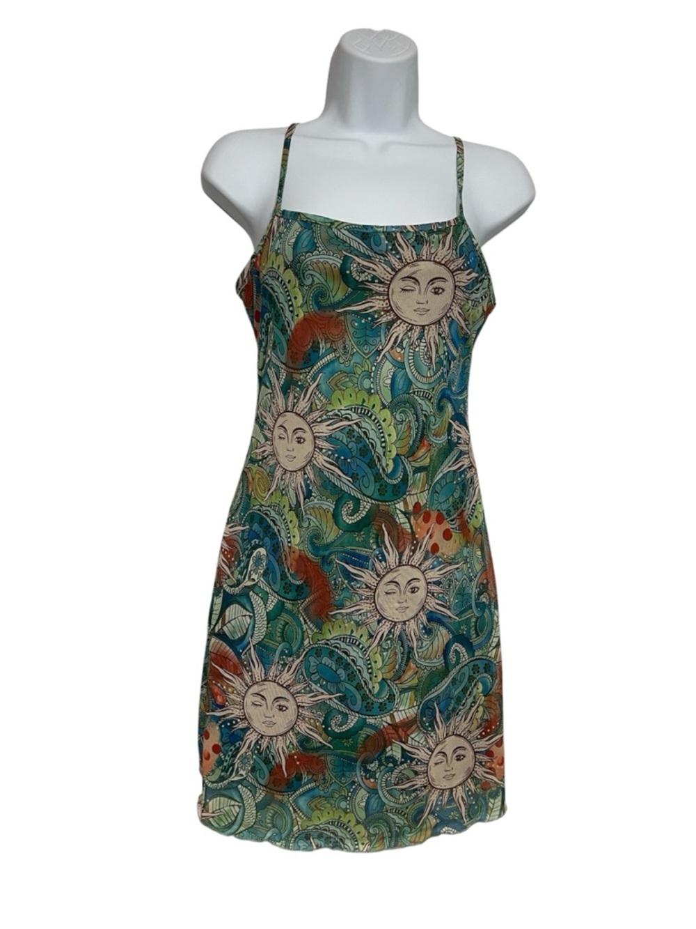 Celestial Sun Moon Blue Green Mini Dress Size Small Shein Festival Rave Night